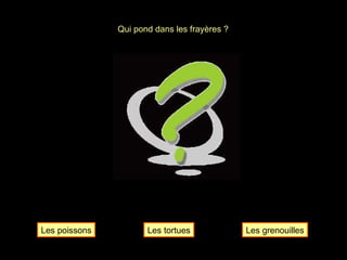Qui pond dans les frayères ? Les poissons Les tortues Les grenouilles 