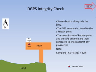 NEXT
       DGPS Integrity Check

                      Survey boat is along side the
                      jetty.
                      The GPS antenna is closed to the
                      a known point.
                      The coordinates of known point
       R1             and the GPS antenna are then
                      compared to check against any
       Stn1   Jetty   gross error.
                      Note:
                      Compare ( R1 – Stn1) < ±2m




                                    = Known point
Land
 