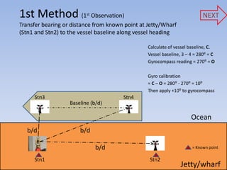 1st Method (1             stObservation)                                    NEXT
Transfer bearing or distance from known point at Jetty/Wharf
(Stn1 and Stn2) to the vessel baseline along vessel heading

                                                 Calculate of vessel baseline, C.
                                                 Vessel baseline, 3 – 4 = 280⁰ = C
                                                 Gyrocompass reading = 270⁰ = O

                                                 Gyro calibration
                                                 = C – O = 280⁰ - 270⁰ = 10⁰
                                                 Then apply +10⁰ to gyrocompass
     Stn3                              Stn4
                   Baseline (b/d)

                                                                      Ocean
   b/d                 b/d

                               b/d                                    = Known point

     Stn1                                        Stn2
                                                                 Jetty/wharf
 