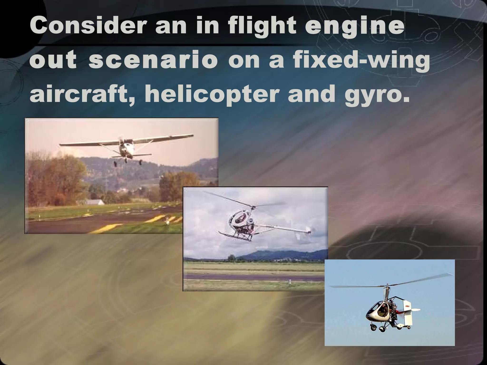 Consider an in flight  engine out scenario  on a fixed-wing aircraft, helicopter and gyro. 