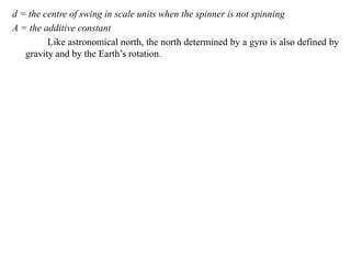 d = the centre of swing in scale units when the spinner is not spinning
A = the additive constant
Like astronomical north, the north determined by a gyro is also defined by
gravity and by the Earth’s rotation.
 