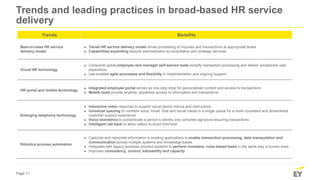 Page 11
Trends and leading practices in broad-based HR service
delivery
Trends Benefits
Best-in-class HR service
delivery model
► Tiered HR service delivery model drives processing of inquiries and transactions at appropriate levels
► Capabilities expanding beyond administration to consultative and strategic services
Cloud HR technology
► Consumer-grade employee and manager self-service tools simplify transaction processing and deliver exceptional user
experience
► Use enables agile processes and flexibility in implementation and ongoing support
HR portal and mobile technology
► Integrated employee portal serves as one-stop shop for personalized content and access to transactions
► Mobile tools provide anytime, anywhere access to information and transactions
Emerging telephony technology
► Interactive video response to support visual phone menus and instructions
► Universal queuing to combine voice, email, chat and social media in a single queue for a more consistent and streamlined
customer support experience
► Voice biometrics to authenticate a person’s identity and complete signature-requiring transactions
► Intelligent call back to allow callers to avoid hold time
Robotics process automation
► Captures and interprets information in existing applications to enable transaction processing, data manipulation and
communication across multiple systems and knowledge bases
► Integrates with legacy business process systems to perform mundane, rules-based tasks in the same way a human does
► Improves consistency, control, traceability and capacity
 