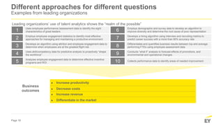 Page 18
Different approaches for different questions
Examples from leading organizations
1 Uses employee performance /assessment data to identify the eight
characteristics of great leaders 6 Employs demographic and survey data to develop an algorithm to
improve diversity and determine the root cause of poor representation
2 Employs employee engagement statistics to identify most effective
approaches for managing and maintaining a productive environment 7 Develops a hiring algorithm using interview and recruiting metrics to
predict career success with a more than 90% accuracy rate
3 Develops an algorithm using attrition and employee engagement data to
determine when employees are at the greatest flight risk 8 Differentiates and quantifies business results between top and average
performing FTEs using employee assessment data
4 Uses skill/competency data for predictive analysis to proactively “shape
the workforce” 9 Conducts “what if” analysis to forecast effects of promotions, and
environmental and operational changes
5 Analyzes employee engagement data to determine effective incentive
programs and ROI 10 Collects performance data to identify areas of needed improvement
Leading organizations’ use of talent analytics shows the “realm of the possible”
Business
outcomes
► Increase productivity
► Decrease costs
► Increase revenue
► Differentiate in the market
 