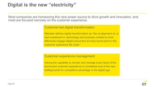 Page 20
Customer-led digital transformation
Altimeter defines digital transformation as “the re-alignment of, or
new investment in, technology and business models to more
effectively engage digital consumers at every touch-point in the
customer experience life cycle.”
Customer experience management
Having the capability to monitor and manage every facet of the
end-to-end customer experience is considered one of the new
battlegrounds for competitive advantage in the digital age.
Digital is the new “electricity”
Most companies are harnessing this new power source to drive growth and innovation, and
most are focused narrowly on the customer experience.
 
