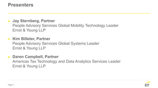Page 2
Presenters
► Jay Sternberg, Partner
People Advisory Services Global Mobility Technology Leader
Ernst & Young LLP
► Kim Billeter, Partner
People Advisory Services Global Systems Leader
Ernst & Young LLP
► Daren Campbell, Partner
Americas Tax Technology and Data Analytics Services Leader
Ernst & Young LLP
 