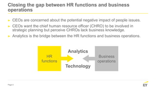 Page 4
Closing the gap between HR functions and business
operations
► CEOs are concerned about the potential negative impact of people issues.
► CEOs want the chief human resource officer (CHRO) to be involved in
strategic planning but perceive CHROs lack business knowledge.
► Analytics is the bridge between the HR functions and business operations.
HR
functions
Business
operations
Analytics
Technology
 