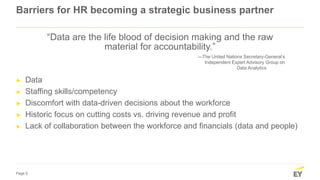 Page 5
Barriers for HR becoming a strategic business partner
► Data
► Staffing skills/competency
► Discomfort with data-driven decisions about the workforce
► Historic focus on cutting costs vs. driving revenue and profit
► Lack of collaboration between the workforce and financials (data and people)
“Data are the life blood of decision making and the raw
material for accountability.”
—The United Nations Secretary-General’s
Independent Expert Advisory Group on
Data Analytics
 