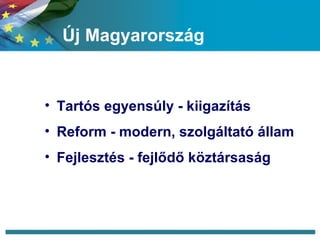 Új Magyarország Tartós egyensúly - kiigazítás Reform - modern, szolgáltató állam Fejlesztés - fejlődő köztársaság 