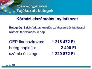 Egészségügyi reform Tájékozott betegek Kórházi elszámolási nyilatkozat Betegség: Szívinfarktus-kezelés szívkoszorúér-tágítással Kórházi tartózkodás: 8 nap OEP finanszírozás:  1 218 472 Ft beteg napidíja:  2 400 Ft számla összege: 1 220 872 Ft forrás: OEP 