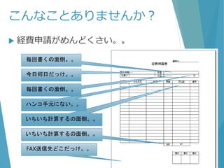毎回書くの面倒。。
こんなことありませんか？
 経費申請がめんどくさい。。
今日何日だっけ。。
いちいち計算するの面倒。。
いちいち計算するの面倒。。
ハンコ手元にない。。
FAX送信先どこだっけ。。
毎回書くの面倒。。
 