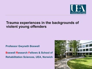 Trauma experiences in the backgrounds of
violent young offenders

Professor Gwyneth Boswell
Boswell Research Fellows & School of
Rehabilitation Sciences, UEA, Norwich

 
