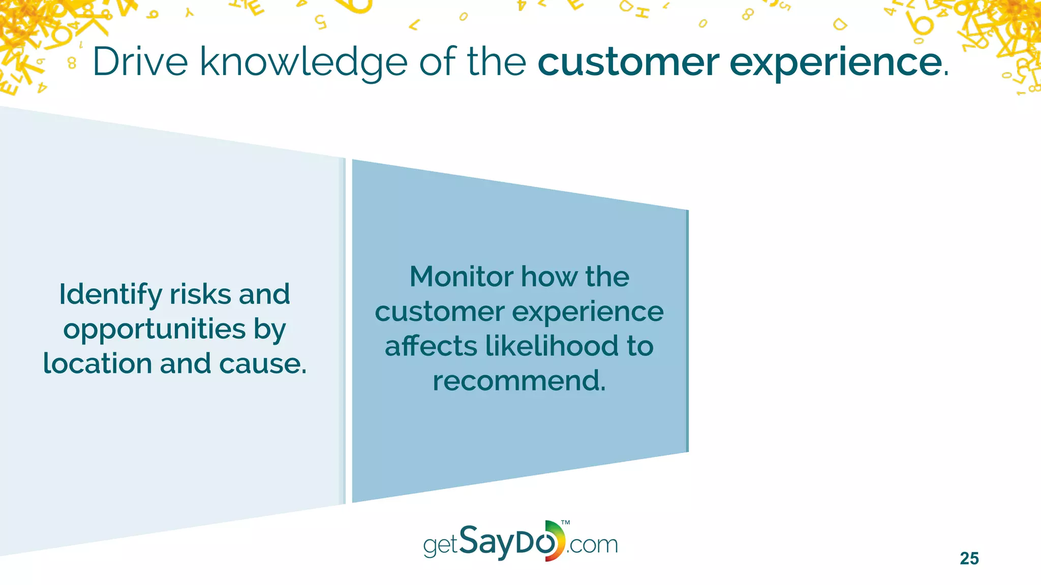 25
Drive knowledge of the customer experience.
Identify risks and
opportunities by
location and cause.
Monitor how the
customer experience
aﬀects likelihood to
recommend.
 