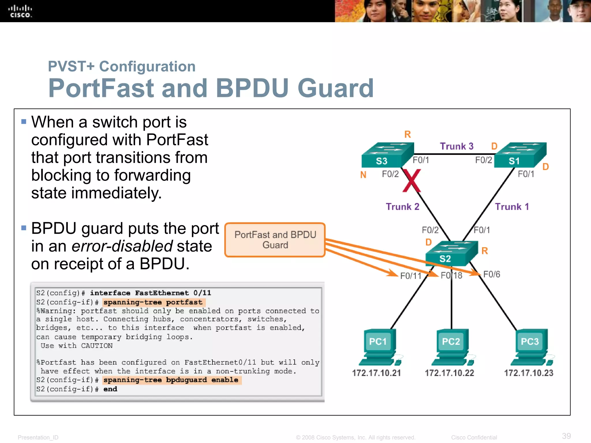 Presentation_ID 39© 2008 Cisco Systems, Inc. All rights reserved. Cisco Confidential
PVST+ Configuration
PortFast and BPDU Guard
 When a switch port is
configured with PortFast
that port transitions from
blocking to forwarding
state immediately.
 BPDU guard puts the port
in an error-disabled state
on receipt of a BPDU.
 