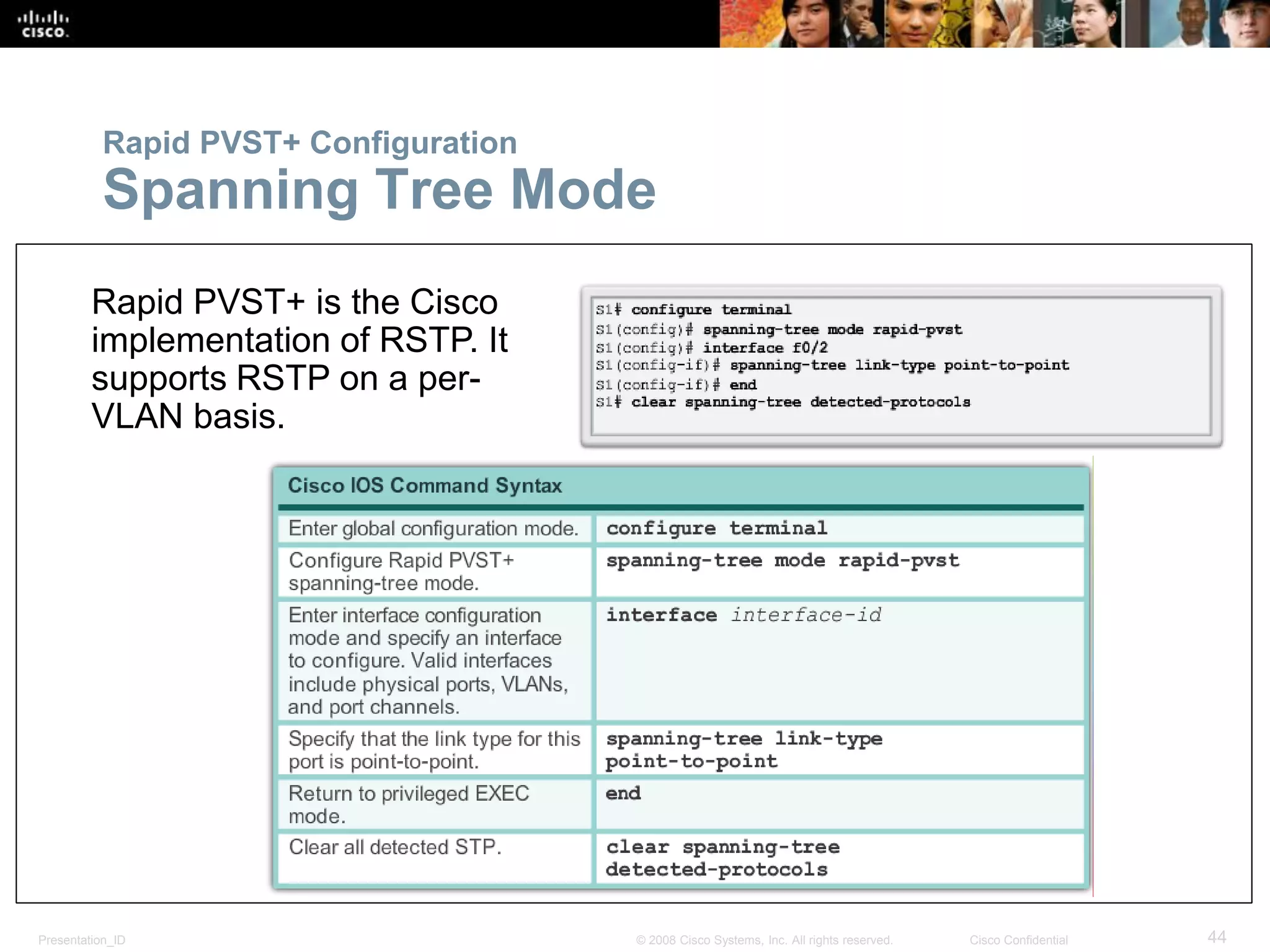 Presentation_ID 44© 2008 Cisco Systems, Inc. All rights reserved. Cisco Confidential
Rapid PVST+ Configuration
Spanning Tree Mode
Rapid PVST+ is the Cisco
implementation of RSTP. It
supports RSTP on a per-
VLAN basis.
 