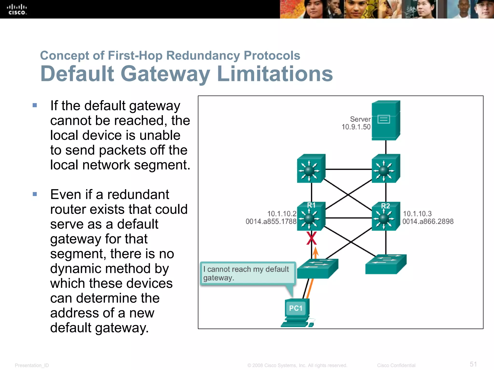 Presentation_ID 51© 2008 Cisco Systems, Inc. All rights reserved. Cisco Confidential
Concept of First-Hop Redundancy Protocols
Default Gateway Limitations
 If the default gateway
cannot be reached, the
local device is unable
to send packets off the
local network segment.
 Even if a redundant
router exists that could
serve as a default
gateway for that
segment, there is no
dynamic method by
which these devices
can determine the
address of a new
default gateway.
 