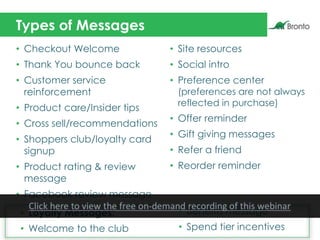 Types of Messages
• Checkout Welcome
• Thank You bounce back
• Customer service
reinforcement
• Product care/Insider tips
...
