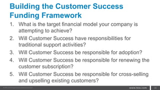 Building the Customer Success
Funding Framework
1. What is the target financial model your company is
attempting to achieve?
2. Will Customer Success have responsibilities for
traditional support activities?
3. Will Customer Success be responsible for adoption?
4. Will Customer Success be responsible for renewing the
customer subscription?
5. Will Customer Success be responsible for cross-selling
and upselling existing customers?
30
 