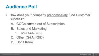 Audience Poll
• How does your company predominately fund Customer
Success?
A. COGs carved out of Subscription
B. Sales and Marketing
• CAC, CRC, CEC
C. Other (G&A, R&D)
D. Don’t Know
35
 