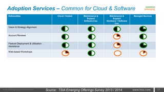 Deliverables Cloud / Hosted Maintenance &
Support
Software Cos.
Maintenance &
Support
Hardware + Software
Cos.
Managed Services
Vision & Strategy Alignment
Account Reviews
Feature Deployment & Utilization
Assistance
Web-based Workshops
Adoption Services – Common for Cloud & Software common
emerging
57Source: TSIA Emerging Offerings Survey 2013 / 2014
 
