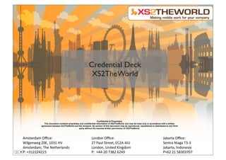 Credential Deck
                                                XS2TheWorld




                                                        Confidential & Proprietary
   This document contains proprietary and confidential information of XS2TheWorld, and may be used only in accordance with a written
agreement between Xs2TheWorld and the recipient. No portion of this document may be reproduced, republished or distributed to any third
                                     party without the express written permission of XS2TheWorld.
 