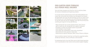 DEN GARTEN ODER TERRASSE 
ALS FERIEN INSEL ERLEBEN
Durch eine Garten Gestaltung nach Feng Shui, wird ein natürliches Erleben
der Harmonie, Zufriedenheit und Entspannung entstehen.
Für ein gutes Feng Shui spielt die Grösse, die Art oder die Beschaffenheit eines
Gartens oder Terrasse keine Rolle.Wichtig ist das Gleichgewicht der Elemente,
die Eigenschaften seine Lage sowie die Ausrichtung zum Haus hin.Achten Sie auf
eine Harmonie von Yin und Yang ebenso wie auf die Theorie der fünf Elemente.
Ein nach den Lehren des Feng Shui angelegter Garten oder Terrasse bringt Glück
und leitet gute Energie (Chi ins Haus oder Wohnung.
-	Wasser beruhigt den Geist und lässt Gedanken fliessen, dieses Element
	 spielt im Garten eine sehr wichtige Rolle und ist gekonnt zu platzieren
-	Privatsphäre und Plätze des Verweilens werden neu geschaffen
-	Gäste empfangen in einem Paradies
-	Sonne tanken oder Schattenflächen richtig nutzen und geniessen
-	Aktive Flächen für Kinder spannend in Szene setzen
-	Abwechslung fürs Auge div. Materialien, Höhen, Formen, Pflanzen und Blumen
Auch ein schlichter moderner Garten kann nach Feng Shui ausgerichtet werden,
die Wahl der Materialien, Formen und Pflanzen ist sehr persönlich.
 
Ein Gartenentwurf wird in Form einer Skizze zuerst mit dem Kunden besprochen,
und in Zusammenarbeit mit dem Gärtner wird das weitere Vorgehen festgelegt.
 
