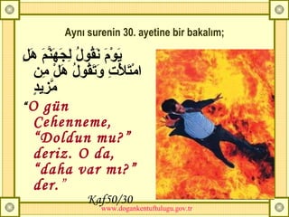 Aynı surenin 30. ayetine bir bakalım; يَوْمَ نَقُولُ لِجَهَنَّمَ هَلِ امْتَلَأْتِ وَتَقُولُ هَلْ مِن مَّزِيدٍ “ O gün Cehenneme, “Doldun mu?” deriz. O da, “daha var mı?” der. ”   Kaf50/30 www.dogankentuftulugu.gov.tr 