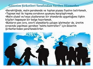Gözetim Şirketleri Tarafından Verilen Hizmetler
•Gerektiğinde, malın perakende ve toptan piyasa fiyatını belirlemek,
•Taşı...