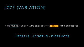 T H I S F I L E I S H U G E ! T H AT ' S B E C A U S E T H E F I L E I S N O T C O M P R E S S E D
L Z 7 7 ( VA R I AT I O N )
< 3 3 , 9 >
L I T E R A L S · L E N G T H S · D I S TA N C E S
 