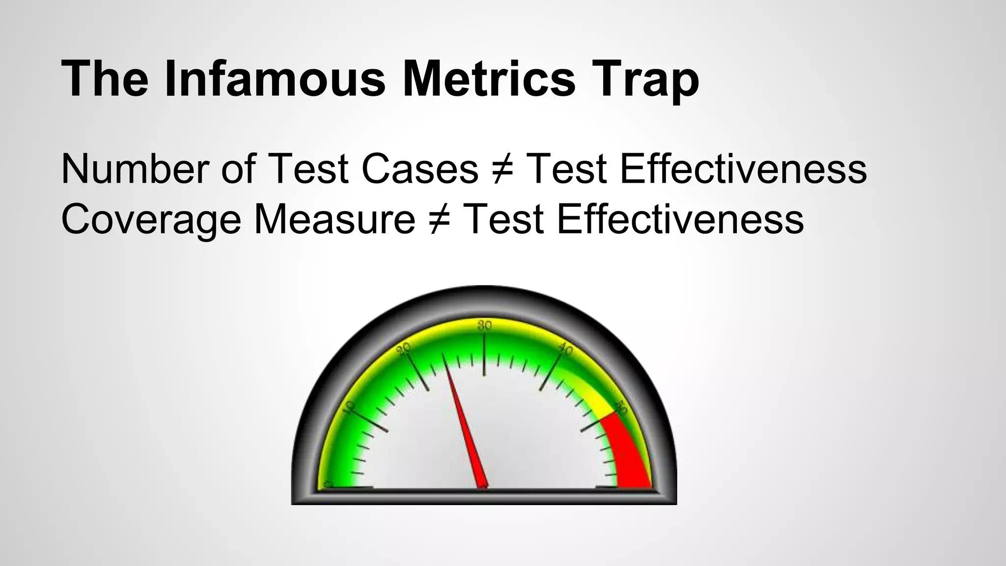 The Infamous Metrics Trap
Number of Test Cases ≠ Test Effectiveness
Coverage Measure ≠ Test Effectiveness
 