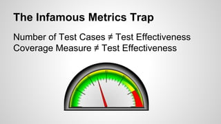 The Infamous Metrics Trap
Number of Test Cases ≠ Test Effectiveness
Coverage Measure ≠ Test Effectiveness
 