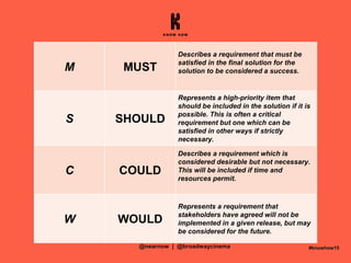 M MUST
Describes a requirement that must be
satisfied in the final solution for the
solution to be considered a success.
S SHOULD
Represents a high-priority item that
should be included in the solution if it is
possible. This is often a critical
requirement but one which can be
satisfied in other ways if strictly
necessary.
C COULD
Describes a requirement which is
considered desirable but not necessary.
This will be included if time and
resources permit.
W WOULD
Represents a requirement that
stakeholders have agreed will not be
implemented in a given release, but may
be considered for the future.
#knowhow15@nearnow | @broadwaycinema
 