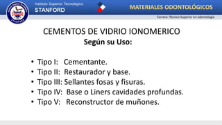 CEMENTOS DE VIDRIO IONOMERICO
Según su Uso:
• Tipo I: Cementante.
• Tipo II: Restaurador y base.
• Tipo III: Sellantes fosas y fisuras.
• Tipo IV: Base o Liners cavidades profundas.
• Tipo V: Reconstructor de muñones.
MATERIALES ODONTOLÓGICOS
Carrera: Técnico Superior en odontología
 