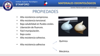 PROPIEDADES
• Alta resistencia compresiva.
• Alta resistencia tensional.
• Baja solubilidad en fluidos orales.
• Liberación de fluoruro.
• Fácil manipulación.
• Bajo costo
• Alta resistencia cohesiva.
Química
• Alta resistencia adhesiva
Mecánica.
MATERIALES ODONTOLÓGICOS
Carrera: Técnico Superior en odontología
 