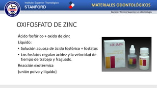 OXIFOSFATO DE ZINC
Ácido fosfórico + oxido de cinc
Líquido:
• Solución acuosa de ácido fosfórico + fosfatos
• Los fosfatos regulan acidez y la velocidad de
tiempo de trabajo y fraguado.
Reacción exotérmica
(unión polvo y líquido)
MATERIALES ODONTOLÓGICOS
Carrera: Técnico Superior en odontología
 