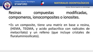 Resinas compuestas modificadas,
compomeros, ionocomposites o ionosites.
•Es un composite, tiene una matriz en base a resina,
(HEMA, TEGMA, y acido poliacrilico con radicales de
metacrilato) y un relleno (que incluye cristales de
fluraluminiosilicato).
MATERIALES ODONTOLÓGICOS
Carrera: Técnico Superior en odontología
 