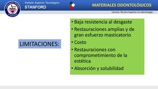 • Baja resistencia al desgaste
• Restauraciones amplias y de
gran esfuerzo masticatorio
• Costo
• Restauraciones con
comprometimiento de la
estética
• Absorción y solubilidad
LIMITACIONES:
MATERIALES ODONTOLÓGICOS
Carrera: Técnico Superior en odontología
 