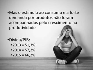 •Mas o estímulo ao consumo e a forte
demanda por produtos não foram
acompanhados pelo crescimento na
produtividade
•Dívida/PIB:
•2013 = 51,3%
•2014 = 57,2%
•2015 = 66,2%
 