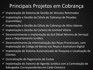 Principais Projetos em Cobrança
 Implantação do Sistema de Gestão de Veículos Retomados
 Implantação e Gestão da Célula de Cobrança de Pesados
(Caminhões)
 Implantação e Gestão da Célula de Cobrança de Altos Valores
 Implantação e Gestão da Carteira da Unimed Vitória
 Desenvolvimento e Implantação do SLA (Nível Mínimo de Serviço)
para o Departamento Jurídico
 Desenvolvimento da Informatização das Peças Processuais, com
Implantação de Código de Barras nas Peças e Assinatura Digital
 Implantação do Sistema Automatizado de Pesquisa e Localização de
Clientes
 Centralização do Pagamento de Custas
 Implantação do Sistema de Agenda Jurídica com a Contratação de
Advogados Correspondentes em Cada Comarca
 