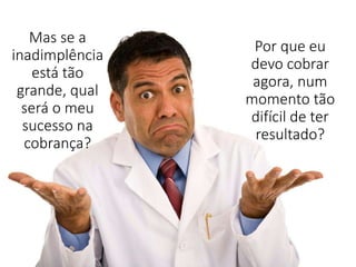 Mas se a
inadimplência
está tão
grande, qual
será o meu
sucesso na
cobrança?
Por que eu
devo cobrar
agora, num
momento tão
difícil de ter
resultado?
 