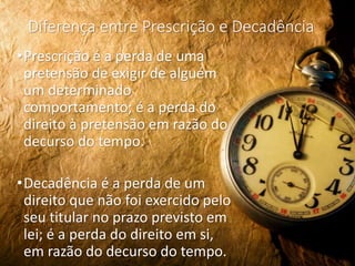 Diferença entre Prescrição e Decadência
•Prescrição é a perda de uma
pretensão de exigir de alguém
um determinado
comportamento; é a perda do
direito à pretensão em razão do
decurso do tempo.
•Decadência é a perda de um
direito que não foi exercido pelo
seu titular no prazo previsto em
lei; é a perda do direito em si,
em razão do decurso do tempo.
 