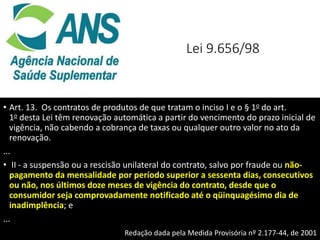 Lei 9.656/98
• Art. 13. Os contratos de produtos de que tratam o inciso I e o § 1o do art.
1o desta Lei têm renovação automática a partir do vencimento do prazo inicial de
vigência, não cabendo a cobrança de taxas ou qualquer outro valor no ato da
renovação.
...
• II - a suspensão ou a rescisão unilateral do contrato, salvo por fraude ou não-
pagamento da mensalidade por período superior a sessenta dias, consecutivos
ou não, nos últimos doze meses de vigência do contrato, desde que o
consumidor seja comprovadamente notificado até o qüinquagésimo dia de
inadimplência; e
...
Redação dada pela Medida Provisória nº 2.177-44, de 2001
 