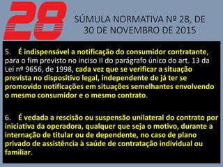 SÚMULA NORMATIVA Nº 28, DE
30 DE NOVEMBRO DE 2015
5. É indispensável a notificação do consumidor contratante,
para o fim previsto no inciso II do parágrafo único do art. 13 da
Lei nº 9656, de 1998, cada vez que se verificar a situação
prevista no dispositivo legal, independente de já ter se
promovido notificações em situações semelhantes envolvendo
o mesmo consumidor e o mesmo contrato.
6. É vedada a rescisão ou suspensão unilateral do contrato por
iniciativa da operadora, qualquer que seja o motivo, durante a
internação de titular ou de dependente, no caso de plano
privado de assistência à saúde de contratação individual ou
familiar.
 