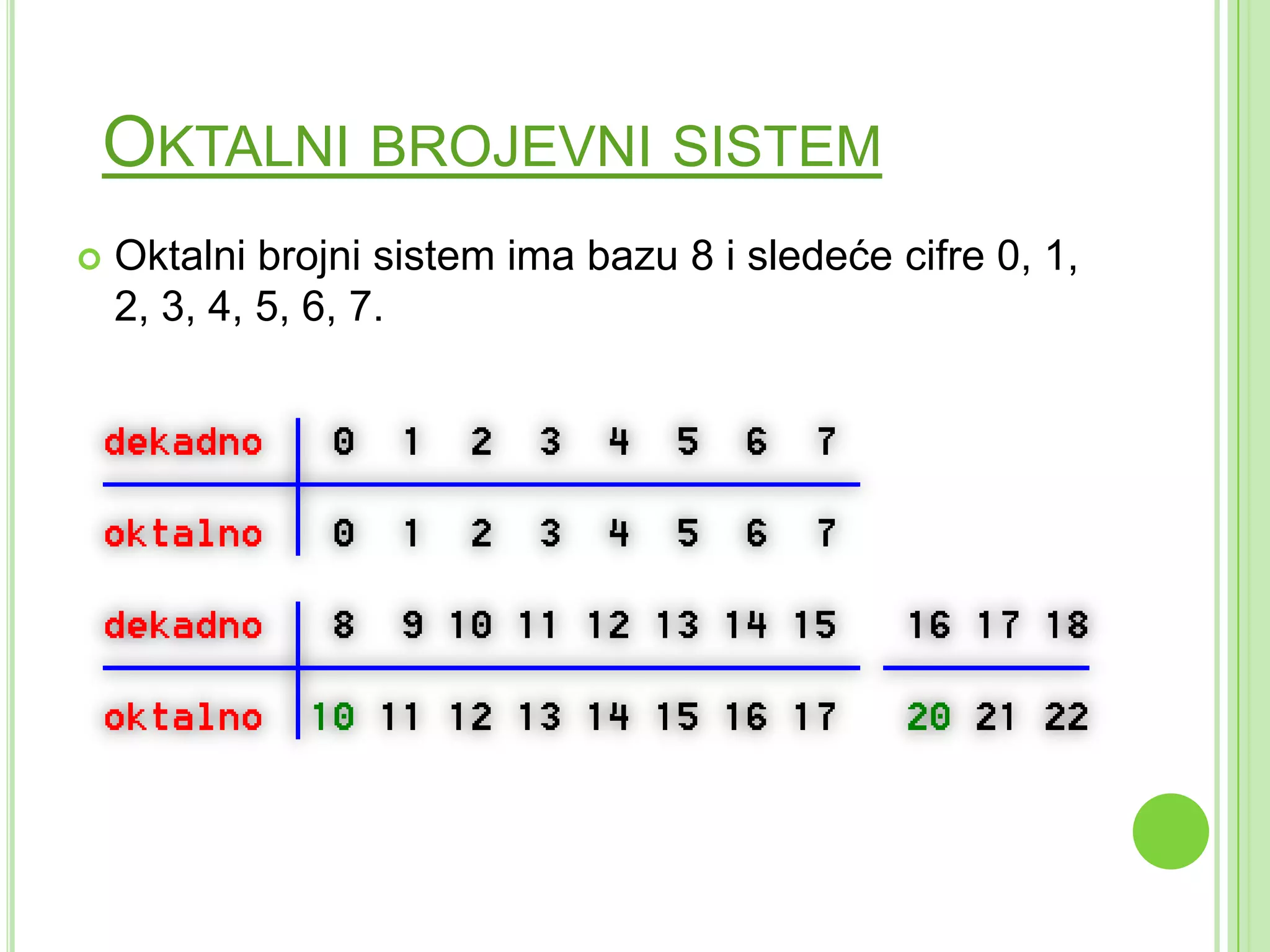OKTALNI BROJEVNI SISTEM
 Oktalni brojni sistem ima bazu 8 i sledeće cifre 0, 1,
2, 3, 4, 5, 6, 7.
 