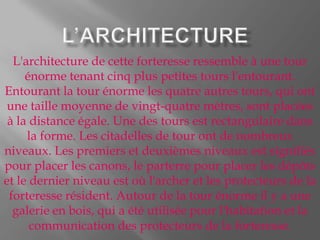 L'architecture de cette forteresse ressemble à une tour
     énorme tenant cinq plus petites tours l'entourant.
Entourant la tour énorme les quatre autres tours, qui ont
 une taille moyenne de vingt-quatre mètres, sont placées
 à la distance égale. Une des tours est rectangulaire dans
     la forme. Les citadelles de tour ont de nombreux
niveaux. Les premiers et deuxièmes niveaux est signifiés
pour placer les canons, le parterre pour placer les dépôts
et le dernier niveau est où l'archer et les protecteurs de la
 forteresse résident. Autour de la tour énorme il y a une
  galerie en bois, qui a été utilisée pour l'habitation et la
      communication des protecteurs de la forteresse.
 