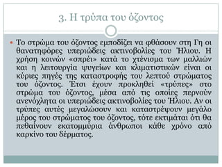 3. Η ηξύπα ηνπ όδνληνο

 Τν ζηξώκα ηνπ όδνληνο εκπνδίδεη λα θζάζνπλ ζηε Γε νη
 ζαλαηεθόξεο ππεξηώδεηο αθηηλνβνιίεο ηνπ Ήιηνπ. Η
 ρξήζε θνηλώλ «ζπξέη» θαηά ην ρηέληζκα ησλ καιιηώλ
 θαη ε ιεηηνπξγία ςπγείσλ θαη θιηκαηηζηηθώλ είλαη νη
 θύξηεο πεγέο ηεο θαηαζηξνθήο ηνπ ιεπηνύ ζηξώκαηνο
 ηνπ όδνληνο. Έηζη έρνπλ πξνθιεζεί «ηξύπεο» ζην
 ζηξώκα ηνπ όδνληνο, κέζα από ηηο νπνίεο πεξλνύλ
 αλελόριεηα νη ππεξηώδεηο αθηηλνβνιίεο ηνπ Ήιηνπ. Αλ νη
 ηξύπεο απηέο κεγαιώζνπλ θαη θαηαζηξέςνπλ κεγάιν
 κέξνο ηνπ ζηξώκαηνο ηνπ όδνληνο, ηόηε εθηηκάηαη όηη ζα
 πεζαίλνπλ εθαηνκκύξηα άλζξσπνη θάζε ρξόλν από
 θαξθίλν ηνπ δέξκαηνο.
 
