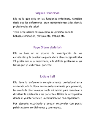 Virginia Henderson
Ella es la que cree en las funciones enfermera, también
decía que los enfermeros eran independientes a los demás
profesionales de salud.
Tenía necesidades básicas como, respiración comida
bebida, eliminación, movimiento, trabajo etc.



                   Faye Glenn abdellah
Ella se basa en el sistema de investigación de los
estudiantes y la enseñanza que le diera ella conceptualizaba
21 problemas a la enfermería, ella definía problema a los
tratos que se le dieran al paciente.



                         Lidia e hall
Ella lleva la enfermería completamente profesional esta
asistencia ella la lleva acabo exclusivamente por personal,
formando la ciencia responsable así mismo para coordinar y
distribuir la asistencia a los pacientes. Utiliza la introspacion
donde el yo interviene en la comunicación con el paciente.
Por ejemplo: escucharlo y ayudar responder con pocas
palabras pero cordialmente y con respeto.
 