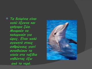    Τα δελφίνια είναι
    πολύ έξυπνα και
    γρήγορα ζώα.
    Μπορούν να
    κολυμπούν για
    ώρες. Είναι πολύ
    αγαπητά στους
    ανθρώπους γιατί
    συνοδεύουν τα
    πλοία στα ταξίδια
    πηδώντας έξω
     από το νερό.
 