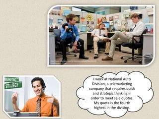 http://www.hollywoodreporter.com/sites/default/files/2011/0
                                 5/workaholics_a_l.jpg




                                                                                      I work at National Auto
                                                                                     Division, a telemarketing
                                                                                   company that requires quick
                                                                                     and strategic thinking in
                                                                                    order to meet sale quotas.
                                                                                       My quota is the fourth
                                                                                       highest in the division.
http://www.holldon.com/wp-
content/uploads/Telemarketing-Sales-Tips.jpg
 