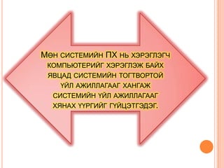 МӨН СИСТЕМИЙН ПХ НЬ ХЭРЭГЛЭГЧ
 КОМПЬЮТЕРИЙГ ХЭРЭГЛЭЖ БАЙХ
 ЯВЦАД СИСТЕМИЙН ТОГТВОРТОЙ
    ҮЙЛ АЖИЛЛАГААГ ХАНГАЖ
  СИСТЕМИЙН ҮЙЛ АЖИЛЛАГААГ
  ХЯНАХ ҮҮРГИЙГ ГҮЙЦЭТГЭДЭГ.
 