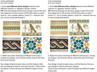 YEAR 8 HOMEWORK
DUE: NEXT LESSON
1. Draw two different colour designs based on two
different cultures i.e. Egyptian, Roman, Islamic.
TIP: Start by drawing out the basic design in pencil first and
then apply pen to the outline and fill with colour or paint -
Level 4 – use a simpler pattern, Level 5-7 – research and
use a more complicated pattern
2. Make two colour drawings of different animal pot /
canopic jar designs, one of which will be used as the basis
from your final pot.
Your design should include colour and the features that
you are hoping to imprint onto your clay pot. Those of you
aiming for a Level 6-8 draw two different angles of your
pot.
YEAR 8 HOMEWORK
DUE: NEXT LESSON
1. Draw two different colour designs based on two different
cultures i.e. Egyptian, Roman, Islamic.
TIP: Start by drawing out the basic design in pencil first and
then apply pen to the outline and fill with colour or paint –
Level 4 -5 – use a simpler pattern, Level 6-8 – research and use
a more complicated pattern
2. Make two colour drawings of different animal pot / canopic
jar designs, one of which will be used as the basis from your
final pot.
Your design should include colour and the features that you
are hoping to imprint onto your clay pot.
Those of you aiming for a Level 6-8 draw two different angles
of your pot.
 